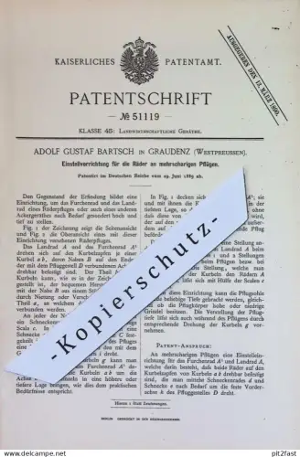 original Patent - Adolf Gustaf Bartsch , Graudenz Preußen | 1889 | Räder am mehrscharigen Pflug | Pflügen , Schar | Rad