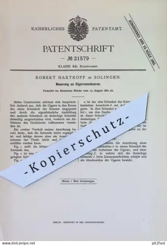 original Patent - Robert Hartkopf , Solingen | 1882 | Zigarrenschere | Zigarren - Schere | Scheren , Schneidzeug !!