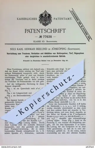 original Patent - Nils Karl Herman Ekelund , Jönköping , Schweden | 1893 |  Trocknen & Abkühlen von Kohle , Torf , Holz