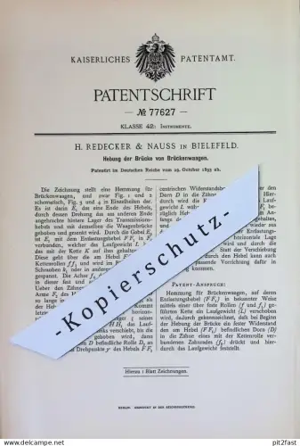 original Patent - H. Redecker & Nauss , Bielefeld | 1893 | Hebung der Brücke von Brückenwaagen | Waage Waagen | Hemmung