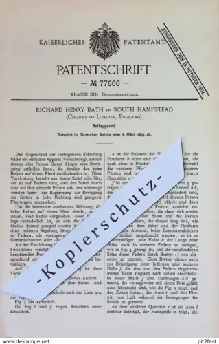 original Patent - Richard Henry Bath , South Hampstead , London England | 1894 | Reitapparat | Sport Medizin Gesundheit