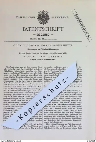 original Patent - Gebrüder Buderus , Hirzenhainerhütte | 1882 | Füllschachtfeuerungen | Feuerung , Heizung , Ofen Öfen