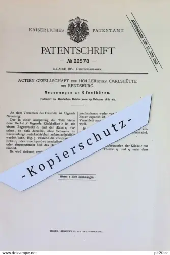 original Patent - AG der Holler'schen Carlshütte / Rendsburg | 1882 | Ofentür | Ofen - Türen | Öfen , Ofenbauer