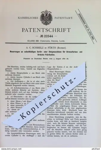 original Patent - A. C. Schmelz , Fürth , Bayern | 1882 | Sortiermaschine / Steigmaschine für Bronzefarben- u. Brokate