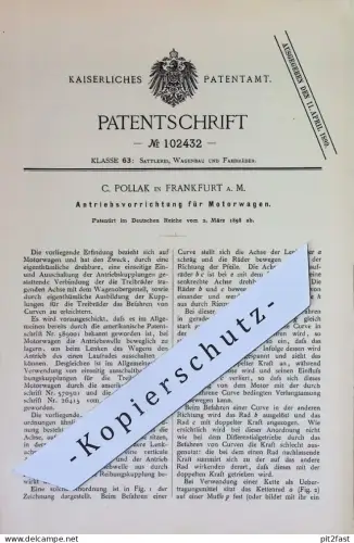 original Patent - C. Pollak , Frankfurt / Main | 1898 |  Antrieb für Motorwagen | Motor , Motoren , Oldtimer , Automobil