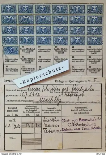 Landkrankenkasse Teterow 1942, Graf von Bassewitz in Dalwitz b. Tessin , Linda Schröder in Schwetzin , Quittungskarte mi