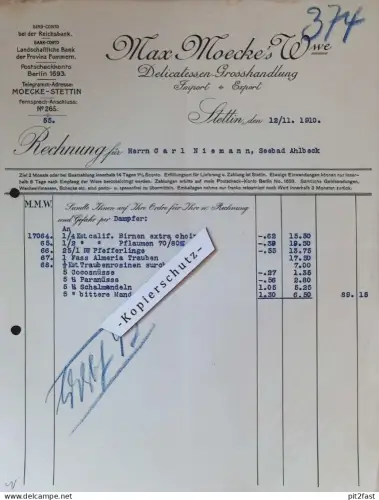 Delicatessen Handel - Max Moecke in Stettin i. Pommern , 1910 C. Niemann Ahlbeck