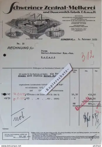 Zentral Molkerei Schwerin i. Mecklenburg , 1939 , Dauermilch-Fabrik , altes Dokument / Rechnung - !!