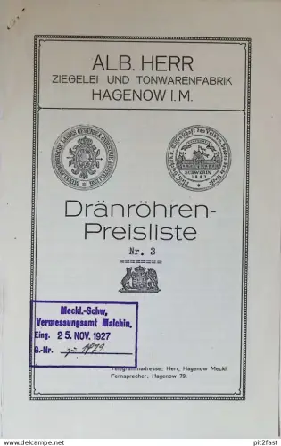 Ziegelei Albert Herr in Hagenow , 1927 , Prospekt / Katalog , Mecklenburg !!