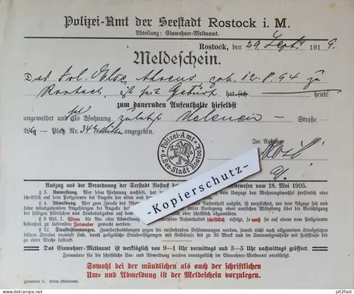 Polizei Rostock i.M. , 1919 , Meldeschein , Else Ahrens , Mecklenburg !!