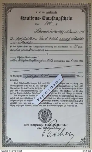 Kautions-Empfangschein - Schwerin 1894 , Adolf Schuldt in Malliss / Malliß , Post , Hypothek , Schuldbrief , Mecklenburg