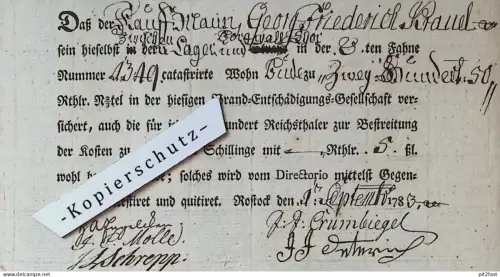 Brand-Entschädigung , Rostock , 1783 , G.F. Krauel , Crumbiegel , Versicherung , Mecklenburg !!