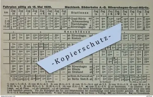 Meckl. Bäderbahn , Fahrplan 1929 , Eisenbahn , Rostock , Stralsund , Mecklenburg !!