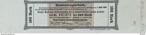 100 Mark , Eisenbahn - Landes - Anleihe Mecklenburg Schwerin , 1924 , Erneuerungsschein !!