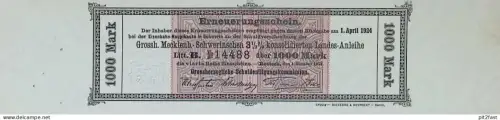 1000 Mark , Eisenbahn - Landes-Anleihe Mecklenburg Schwerin , 1924 , Erneuerungsschein !!