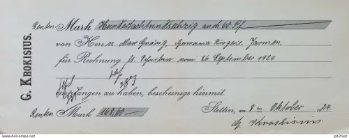 Jarmen / Stettin , 1924 , G. Krokisius , Quittung , Max Gnärig , Pommern !!