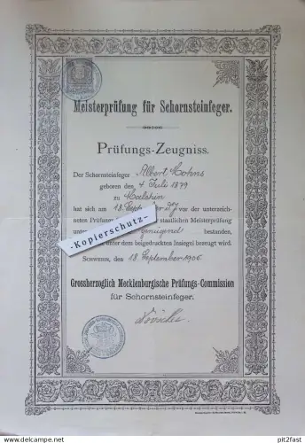 Urkunde zur Schornsteinfeger Meisterprüfung , 1905 , Albert Mohns in Malchin i. Mecklenburg !!