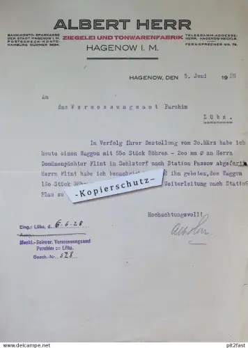 Ziegelei - Albert Heer in Hagenow i.M. , 1928 , Vermessungsamt Parchim Lübz , Domäne Flint in Sehlstorf / Passow !!