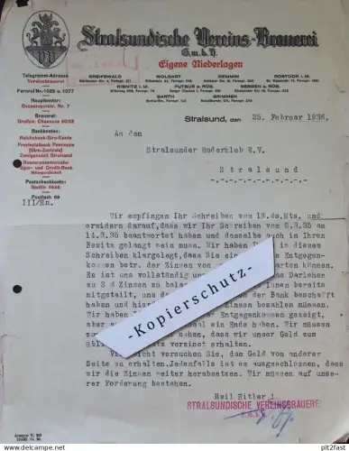 Brauerei Stralsund , 1936 , Ruderclub , Bierbrauerei , Bier , Dokument !!