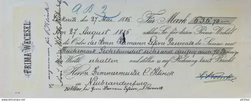 Prima - Wechsel , Hermann Lefévre in Pasewalk , 1886 , C. Klinck in Neubrandenburg , Mecklenburg  !!