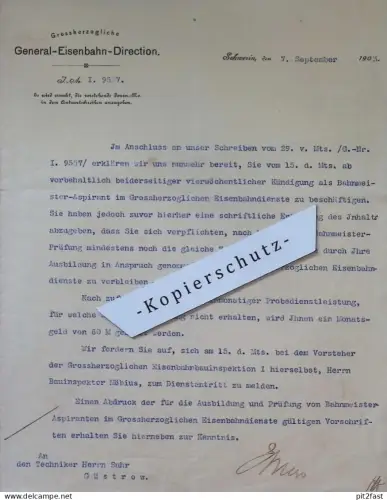 General-Eisenbahn-Direction Schwerin , 1903 , altes Dokument , Mecklenburg  !!
