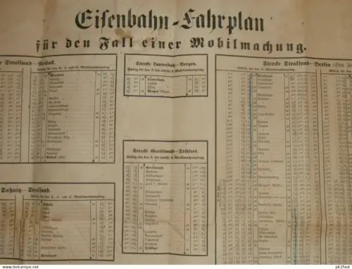großer Eisenbahn - Fahrplan aus Bahnhof , bei Mobilmachung , Kommando Stralsund , Mecklenburg ca. 760x640 mm !!