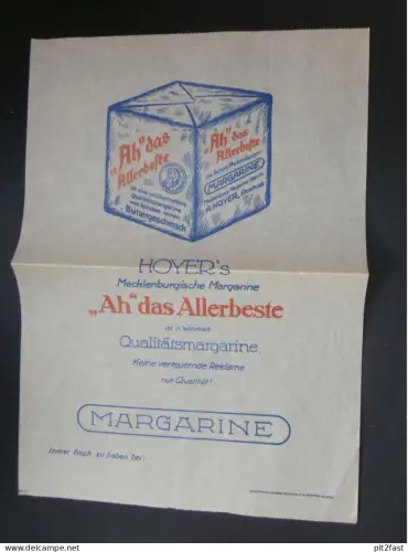 Margarine Fabrik - A. Hoyer in Rostock , ca. 1920 , Reklame , Butterpapier , Werbung !!