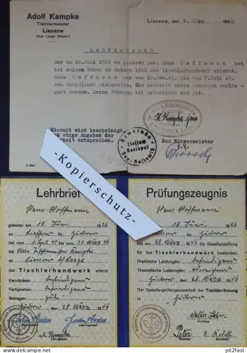 Lehrbrief mit Dokument , Liessow b. Laage , 1946 , Tischler Hans Hoffmann , Güstrow , Ausweis , Mecklenburg !!