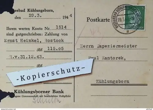 Ernst Heinkel , Rostock , 1944 , Flugzeugwerk , Paul  Kantorek Kühlungsborn ,  Mecklenburg , Postkarte !!