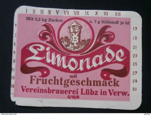 Brauerei Lübz i. Mecklenburg , altes Etikett , Limonade !!