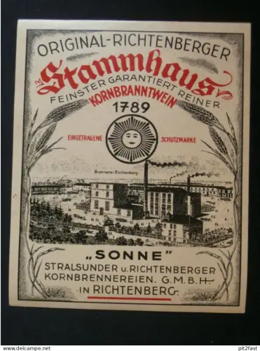 Brennerei Richtenberg i. Mecklenburg , altes Etikett , Branntwein !!