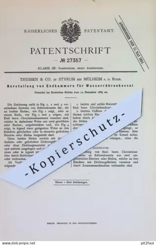 original Patent - Thyssen & Co. , Styrum / Mülheim / Ruhr | 1883 | Endkammer für Wasserröhrenkessel | Dampfkessel Kessel