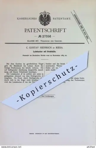 original Patent - G. Gustav Heinrich , Riesa | 1883 | Leimkocher mit Drahthülle | Leim kochen | Brenner , Werkzeug !