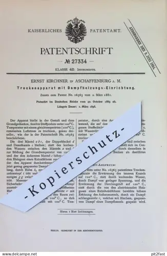 original Patent - Ernst Kirchner , Aschaffenburg / Main | 1883 | Trockenapparat mit Dampfheizung | Heizung , Trocknen