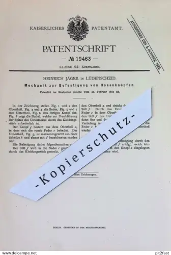 original Patent - Heinrich Jäger , Lüdenscheid | 1882 | Befestigung der Hosenknöpfe | Knopf , Knöpfe , Hosen , Schneider