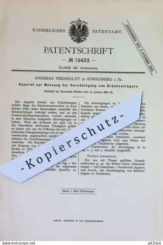 original Patent - Andreas Wienholdt , Königsberg , Preußen | 1882 | Vermessung an Brückenträger | Brücke , Brückenbau