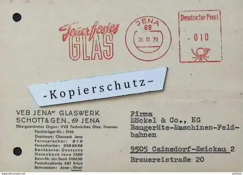 VEB Jena Glaswerk Schott & Gen. , 1970 , Hr. Pfeffer , feuerfestes Glas , Dokument , Reklame / Werbung