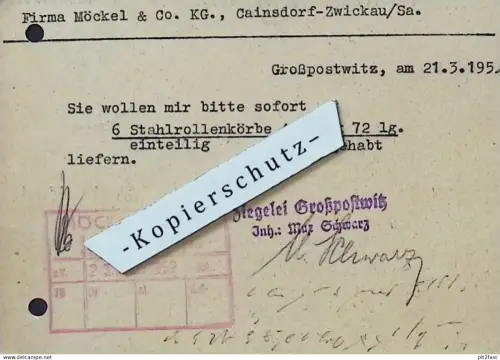 Ziegelei - Max Schwarz in Großpostwitz , 1959 , Dokument , Reklame / Werbung