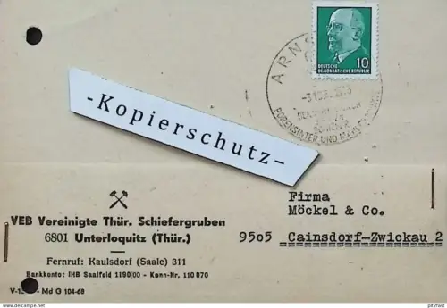 Vereinigte Thür. Schiefergruben in Unterloquitz b. Kaulsdorf , 1968 , Hr. Schlegel , Dokument , Reklame / Werbung