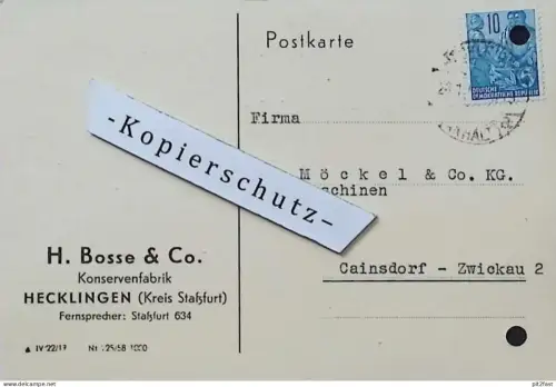 Konservenfabrik - H. Bosse & Co. in Hecklingen b. Staßfurt , 1959 , Dokument , Reklame / Werbung