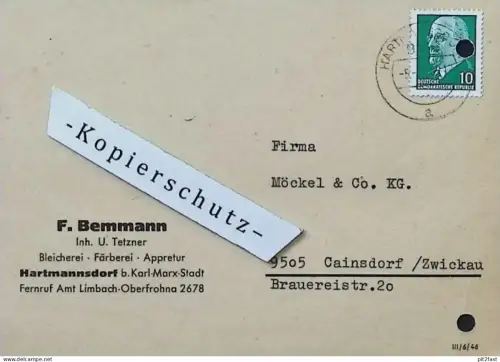 Bleicherei - F. Bemmann / U. Tetner in Hartmannsdorf b. Limbach , 1970 , Dokument , Reklame / Werbung