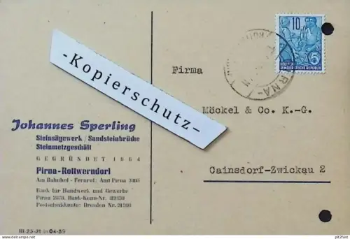 Steinsägewerk - Johannes Sperling in Pirna Rottwerndorf , 1959 , altes Dokument , Reklame / Werbung