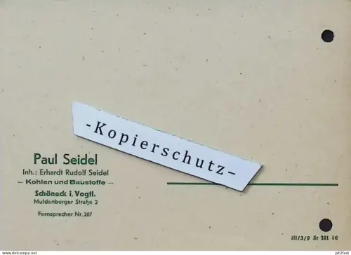 Spedition - Erhardt Rudolf Seidel in Schöneck i. Vogtland , 1959 , altes Dokument , Reklame / Werbung