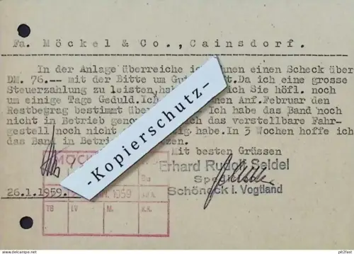 Spedition - Erhardt Rudolf Seidel in Schöneck i. Vogtland , 1959 , altes Dokument , Reklame / Werbung