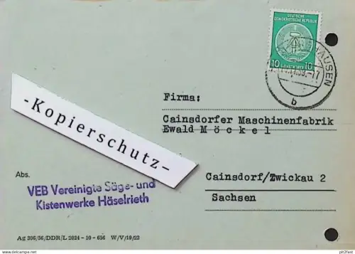 Säge- und Kistenwerke in Häselrieth b. Hildburghausen , 1959 , Hr. Baumann , altes Dokument , Reklame / Werbung