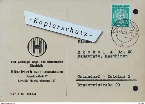 Säge- und Kistenwerke in Häselrieth b. Hildburghausen , 1959 , Hr. Baumann , altes Dokument , Reklame / Werbung
