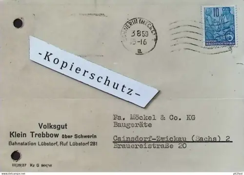 Volksgut Klein Trebbow b. Schwerin , 1959 , Hr. Däbritz , Lübstorf , Hr. Popp , altes Dokument , Reklame / Werbung