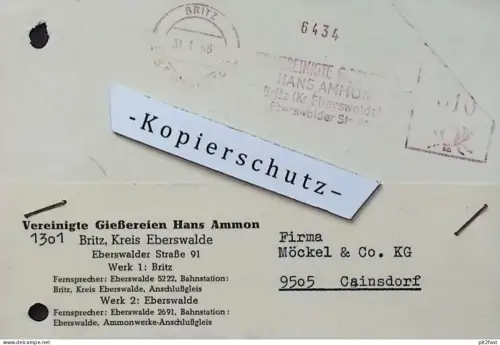 Gießerei - Hans Ammon in Britz b. Eberswalde , 1968 , Hr. Tischmann , Hr. Iffert , altes Dokument , Reklame / Werbung
