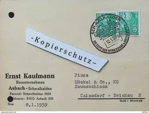 Bauunternehmen - Ernst Kaufmann in Asbach - Schmalkalden , 1959 , altes Dokument , Reklame / Werbung