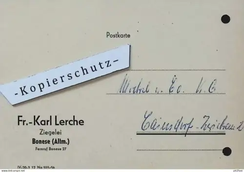 Ziegelei - Karl Lerche in Bonese b. Dähre i. Altmark , 1960 , altes Dokument , Reklame / Werbung